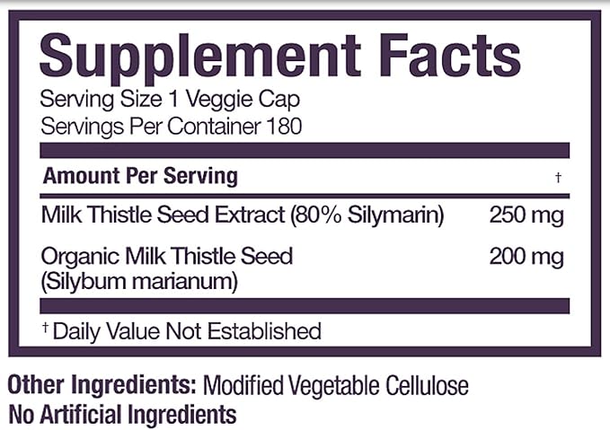 Organic Milk Thistle Capsules, 180 Caps, 80% Silymarin 450 mg,