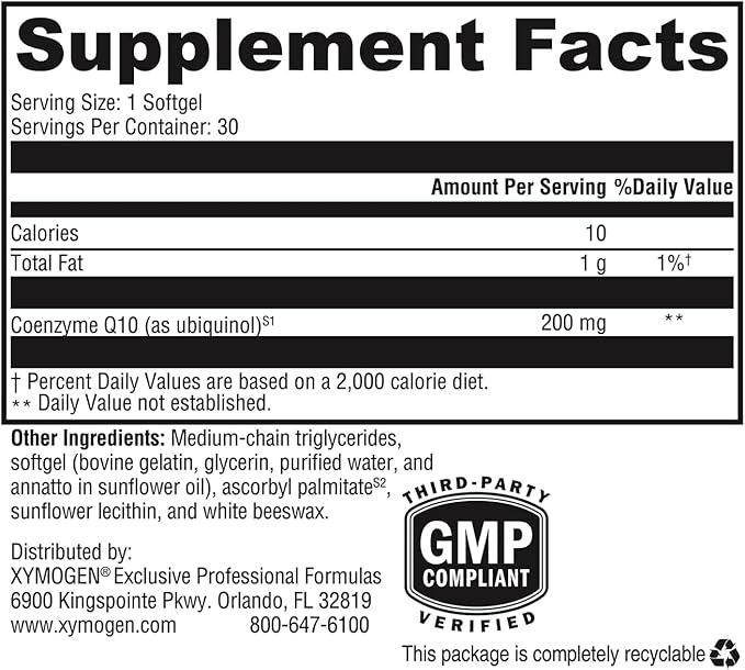XYMOGEN CoQmax 200mg CoQ10 ubiquinol Q10 for (30 Softgels)