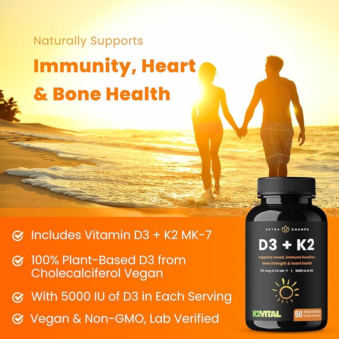NutraChamps D3 with K2 MK7 Supplement 5000 IU 3 & 100 mcg 2 MK-7 MK-7 | 60 Vitamin K2 D3 D3 Capsules