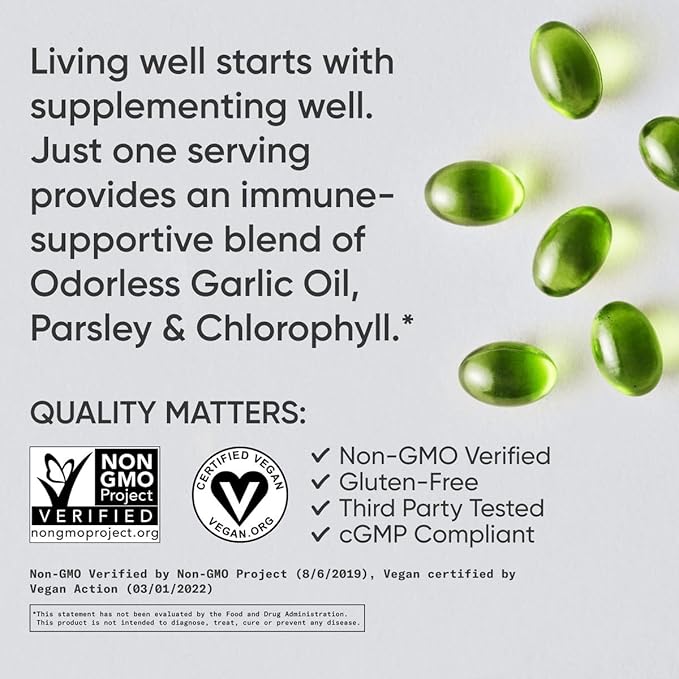 Sports Research Odorless Garlic Oil Pills (1000mg) with Parsley & Chlorophyll - Non-GMO Verified, Vegan Certified & Gluten Free - 150 Plantgel Capsules