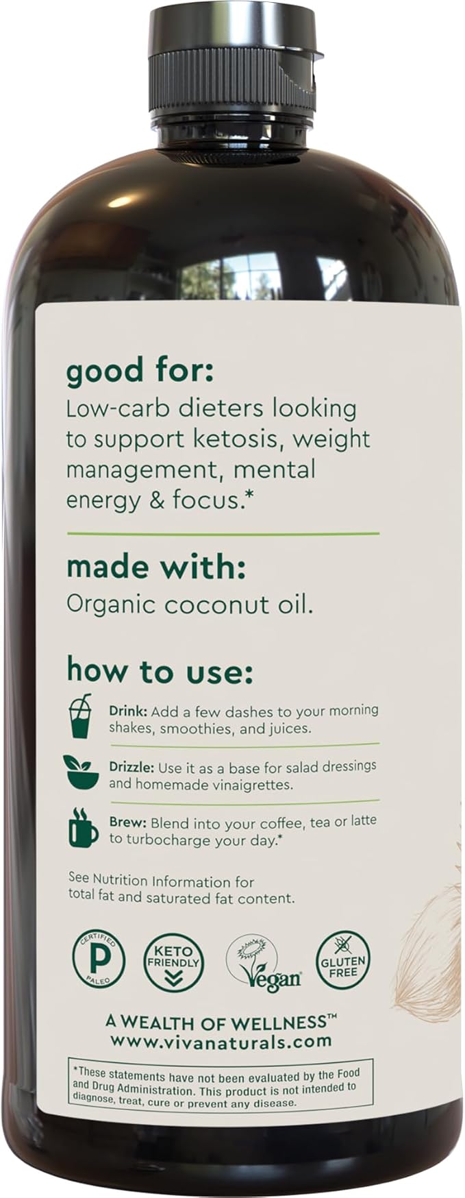 Viva Naturals Organic MCT Oil 32 fl oz - Best MCT Oil Organic for Coffee, MCT Coconut Oil Supports Energy & Mental Clarity, USDA Organic, Non-GMO, Paleo & Keto Certified, MCT Wellness