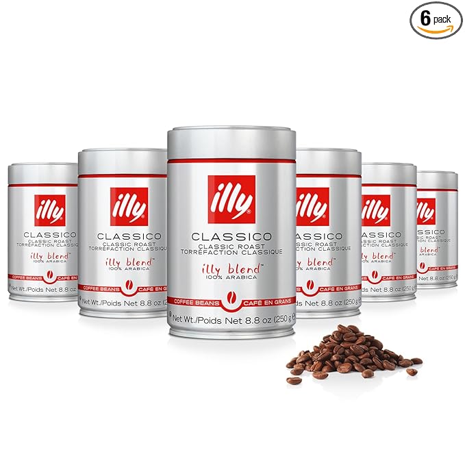 illy Whole Bean Coffee - Perfectly Roasted Whole Coffee Beans – Classico Medium Roast - with Notes of Caramel, Orange Blossom & Jasmine - 100% Arabica Coffee - No Preservatives – 8.8 Ounce, 6 Pack