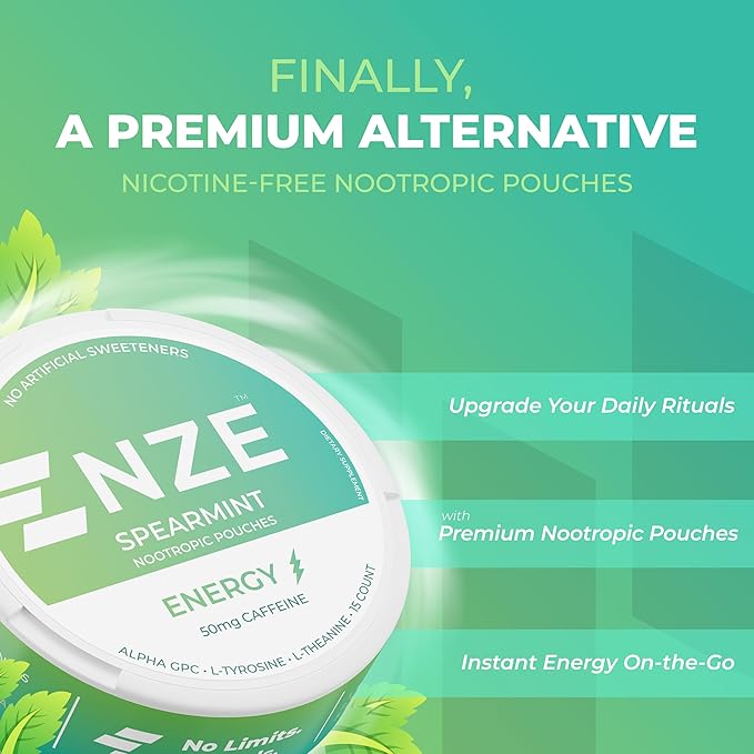 NZE Caffeine Nootropic Pouches (Spearmint) - Nootropic Energy Pouches with 50mg Caffeine, Alpha GPC, L-Tyrosine & L-Theanine with No Sugar or Artificial Sweeteners - 15 Nicotine Free Pouches Per Can