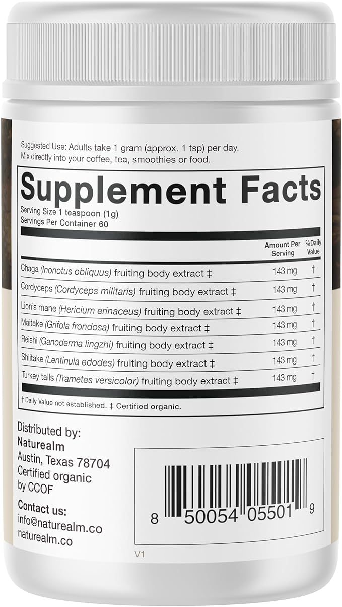 Naturealm Sacred 7 Mushroom Powder Supplement – Boost Immunity, Focus, Vegan, Non-GMO – Lion’s Mane, Cordyceps, Reishi, Chaga, Maitake, Shiitake – Organic Fruiting Bodies, 60-Day Supply