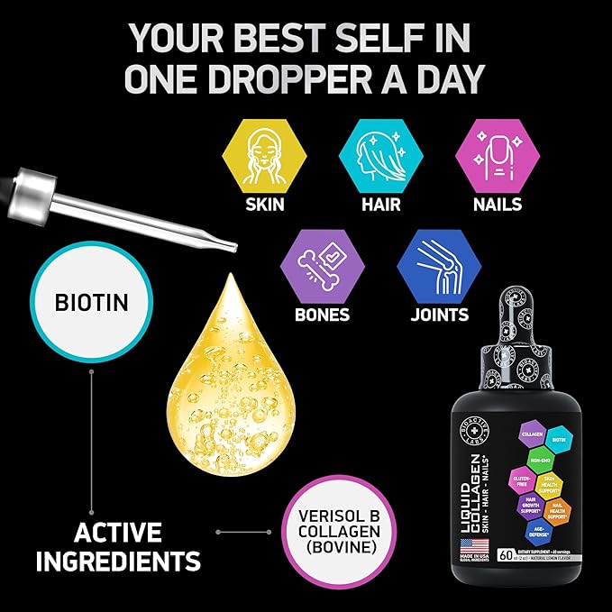 Hydrolyzed Liquid Collagen Peptides and Biotin - Hair Skin and Nails Collagen and Biotin Drops Supplement - Collagen Liquid for Women and Men - Lemon Collagen Type 1 and 3 Biotin Drop - 60ml