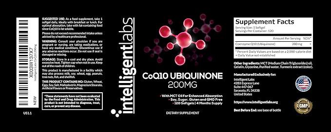 Intelligent Labs CoQ10 Ubiquinone 200mg Softgels | Coenzyme Q10 with MCT Oil for Max Absorption | Soy, Sugar, Gluten, and GMO-Free | 120 Servings | 4 Months Supply