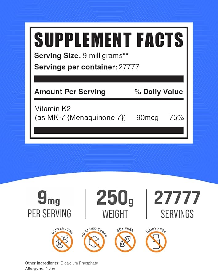 BulkSupplements.com Vitamin K2 Powder - Vitamin K2 MK-7, as Menaquinone Powder - K2 Vitamin Supplement for Wellness, Gluten Free, 9mg per Serving, 250g (8.8 oz) (Pack of 1)