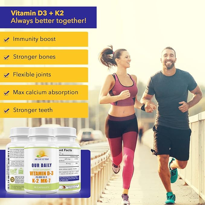 Our Daily Vites Vitamin D-3 25,000 IU + K2 - High Potency D3 with Vitamin K Bone, Immune, Mood + Cardiovascular Support Supplement