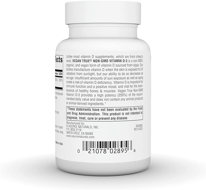 Source Naturals Vegan True, Non-GMO Vitamin D-3, Dietary Supplement for Immune and Bone Health*, 2,000 IU - 90 Capsules