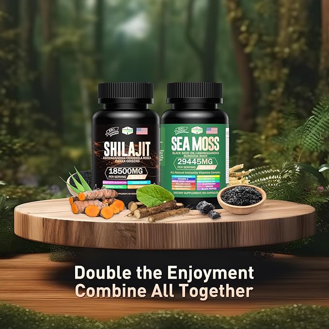 Sea Moss & Shilajit Multivitamin Bundle - Sea Moss 12000mg, Shilajit 9000mg, Black Seed Oil 6000mg, Ashwagandha 3000mg, Ginger,Rhodiola Rosea 2000mg, All in 1 Supplements (2 Pack)