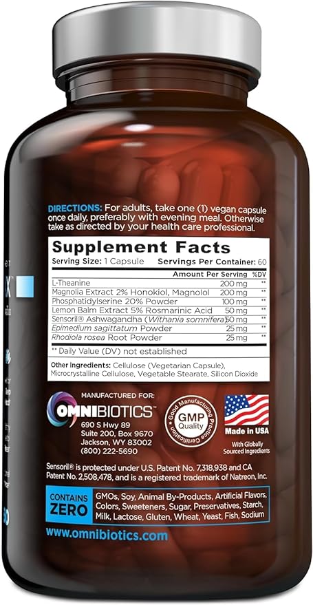 OmniBiotics Cortisol Supplement for Women and Men, High Cortisol Manager with Ashwagandha, L-Theanine, Magnolia Extract, Phosphatidylserine to Support Relaxation, Calm, Detox, 60 Vegan Capsules