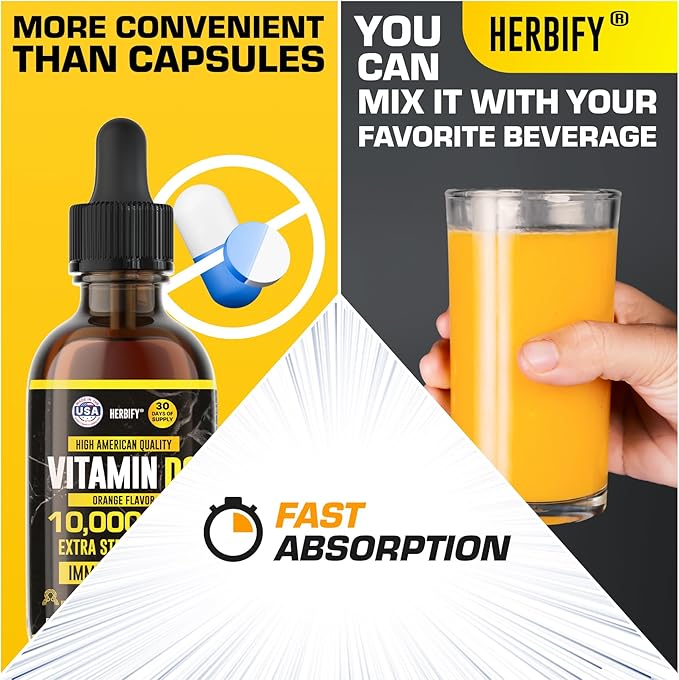 HERBIFY Vitamin D3 10000 IU - Made in USA Liquid Vitamin D Drops - Bone Strength and Immune Support Supplement - Sunshine Replacement - D3 Vitamin Bone and Teeth Supplement - 2 Oz