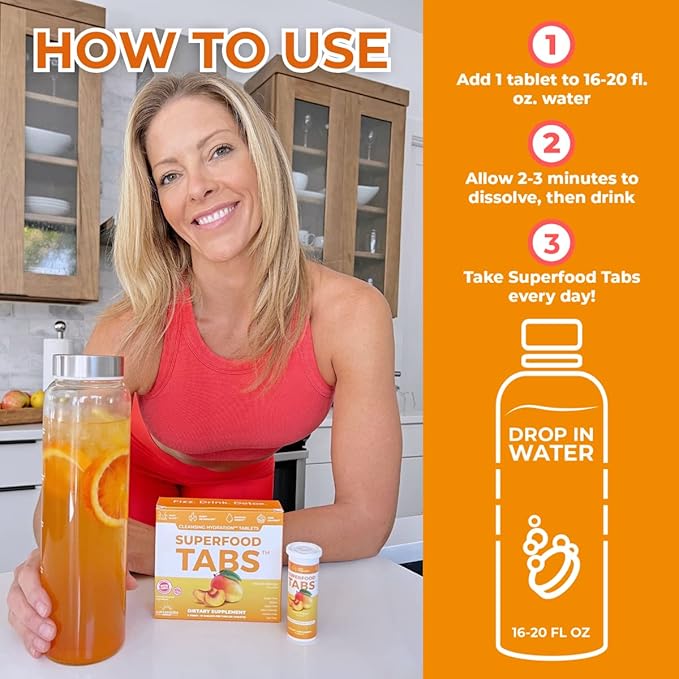 skinnytabs Anti-Bloat Cleanse Drink with 15 Superfoods | Supports Digestion, Energy & Cravings | Vegan, Non-GMO | 30 Effervescent Tabs ā Peach Mango Flavor