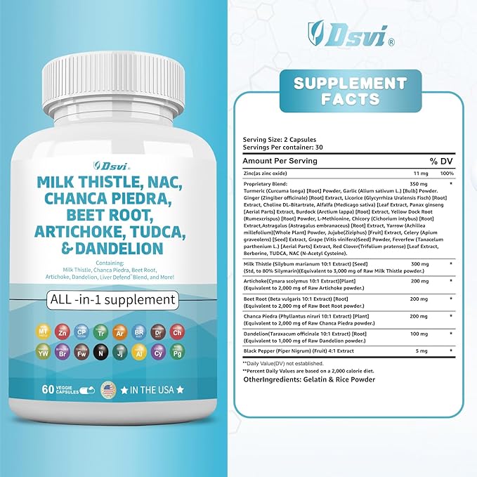 Milk Thistle 3000mg NAC Chanca Piedra 2000mg Beet 2000mg Artichoke 2000mg Dandelion 1000mg Liver Women,60 Count