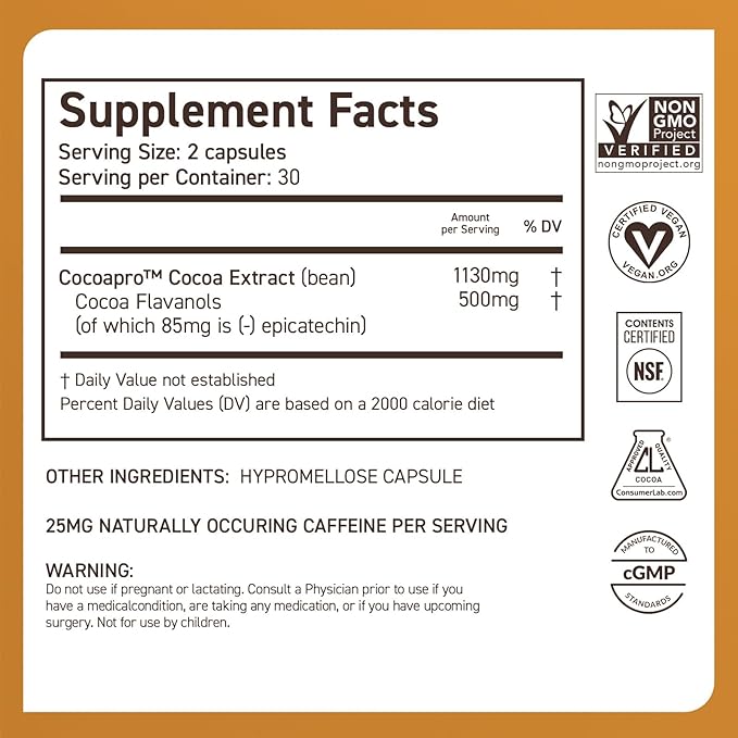 CocoaVia Cardio Health Supplement, 30 Day, 500mg Cocoa Flavanols, Support Heart Health, Boost Nitric Oxide, Blood Circulation, Energy, Vegan, Dark Chocolate, 60 Capsules