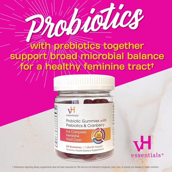 vH essentials Probiotic Gummies with Prebiotics & Cranberry, Concentrated Extract for Urinary Tract Health, Supports Vaginal Microflora Balance for a Healthy Feminine Tract, 60 Count