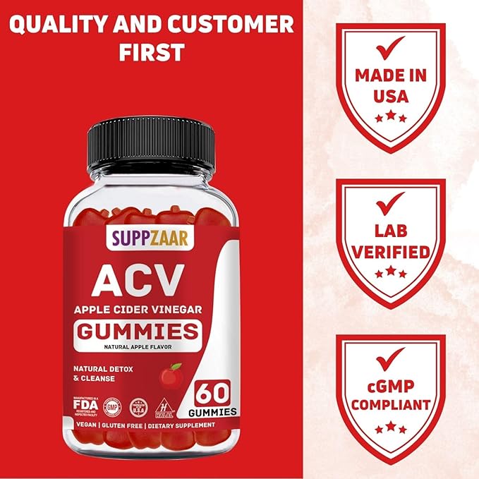 Vegan Apple Cider Vinegar Gummies with The Mother, 500mg 60 Servings - ACV Gummies for Natural Detox & Cleanse Immune System, Digestion - Alternative to Apple Cider Vinegar Capsules