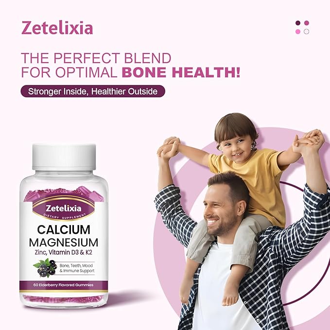 Calcium Gummies for Women Men, Calcium Magnesium Zinc with Vitamin D3 & K2, Calcium Magnesium Supplement for Bones Muscles and Joints, Elderberry Flavor - 120 Count