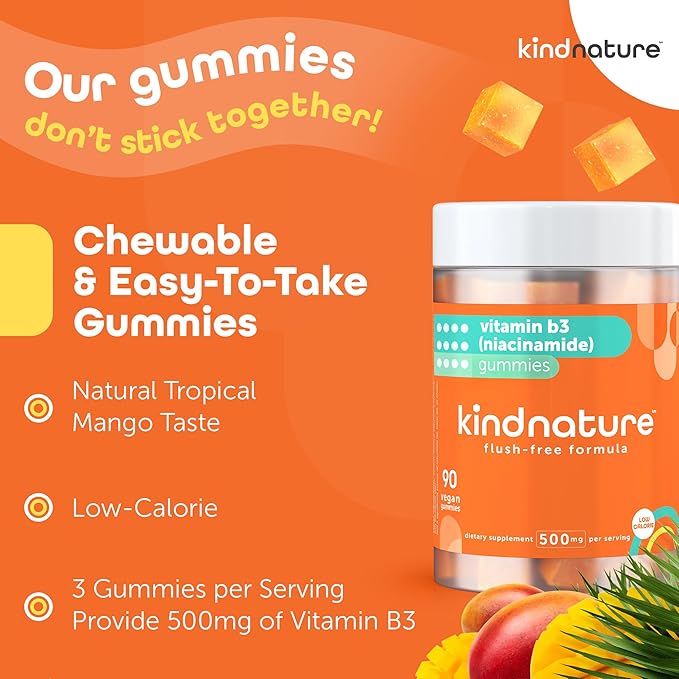 Kind Nature Vitamin B3 Niacin Gummies 500mg Supplement 3rd Party 1 Month 90 Chewable