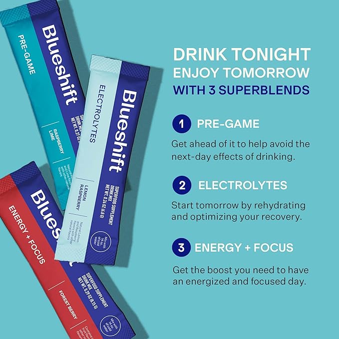 Blueshift Pre-Game - Pre Drinking NAC Supplement, Electrolytes Powder Packets, Hydration Packets, Pre Alcohol Liver Support with Ginger, Cysteine, Milk Thistle, No Sugar Powder Sticks (10 Pack)