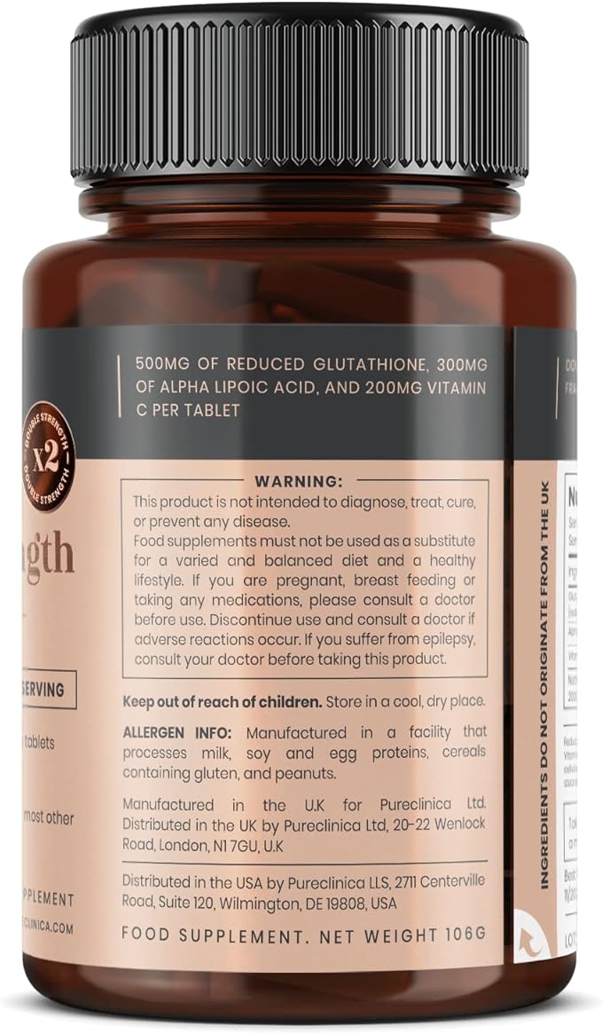 pureclinica Glutathione 1000mg x 60 Tablets. 500mg Glutathione, 300mg ALA, 200mg Vitamin