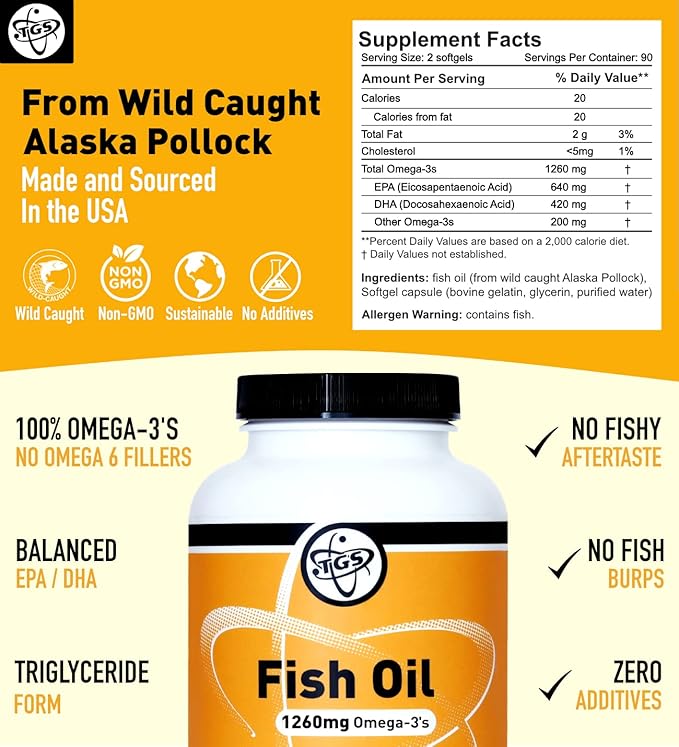 TGS Triple Strength Omega 3 Fish 1260mg EPA 3 Fatty 180 Capsules, 90 Servings