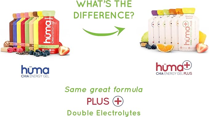 Huma Plus (Double Electrolytes) - Chia Energy Gel, Orange Mango, 24 Gels - Stomach Friendly, Real Food Energy Gels