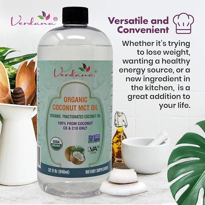 Verdana USDA Certified Organic Coconut MCT Oil –Fractionated Coconut Oil – No Palm Kernel Used – Kosher, Food Grade, Non-GMO – Great for Keto and Paleo Diets, Oil Pulling Rinse Mouthwash – 32 Fl Oz