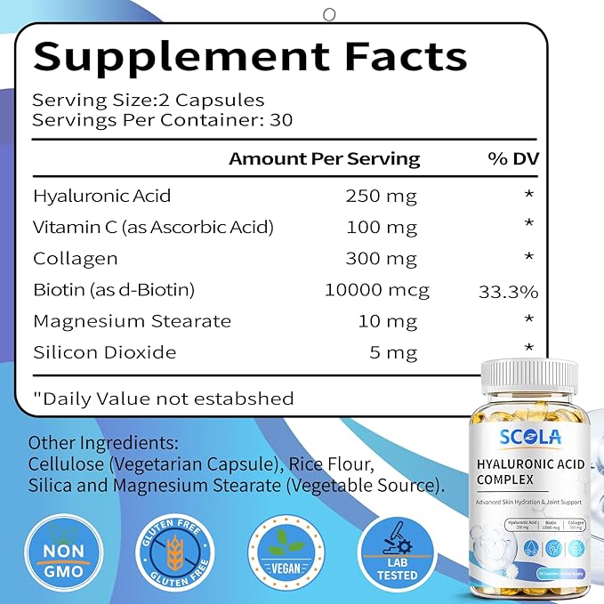 Hyaluronic Acid Supplements - Advanced Skin Hydration & Joint Support with 250 mg Hyaluronic Acid, Vitamin C, Collagen, and 10000 mcg Biotin - Anti-Aging, Skin, Supplement - 60 Vegan Capsules
