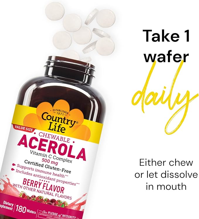 Country Life Acerola Vitamin C Complex, 500mg, Chewable 180 Wafers,