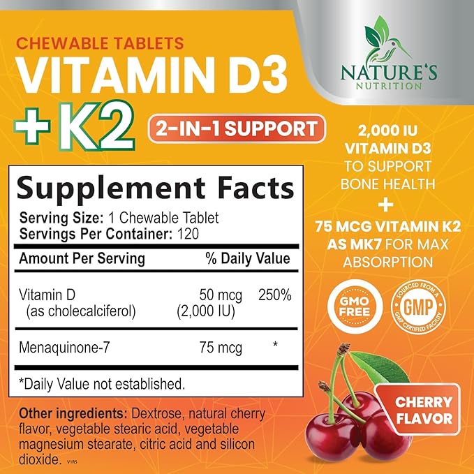 Vitamin D3 K2 as MK-7 2000iu of D3 & 75mcg K2, K2, Vitamin K2 D3 D3 Bone 120 Chewable
