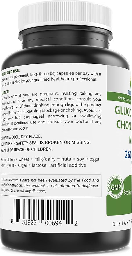 Brieofood Triple Strength Glucosamine Chondroitin MSM 2600mg/Serving Capsules, 180 Count
