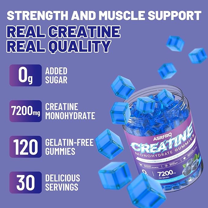 Creatine Monohydrate Gummies for Men & Women 120 CT - 7200mg of Creatine Monohydrate per Serving, Chewable Creatine Monohydrate for Muscle Support & Energy Boost, Sugar Free, Vegan (BlueberryFlavor)