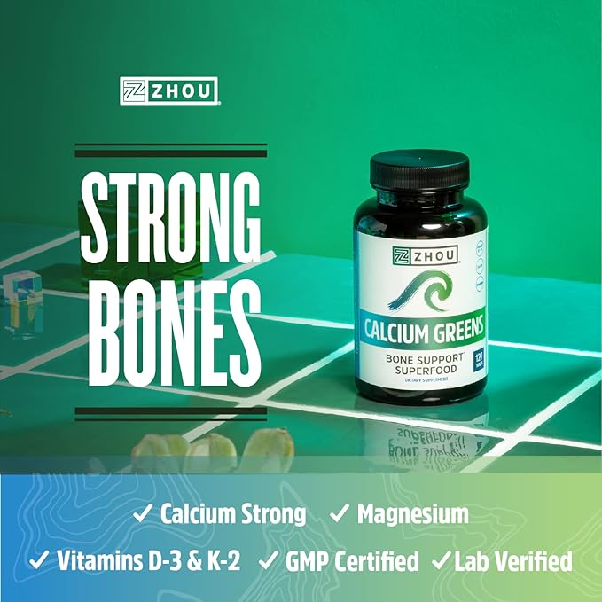 Zhou Nutrition Calcium Greens, Bone Support D3 K2, K2, 1300mg 1300mg of 120 Tablets