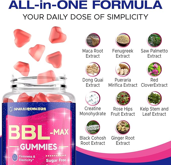 Booty Gummies for Butt Growth and HIPS - BBL Gummies for Bigger Butt - Bum Gummies with Multivitamins and Herbal Extracts for Natural Curves - Peach Flavor - 60 Gummies