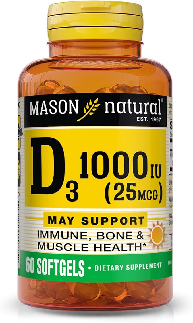 MASON NATURAL Vitamin D3 1000 IU (25 mcg), Immune, Bone & Muscle Health Support, from Fish Liver Oil, 60 Softgels