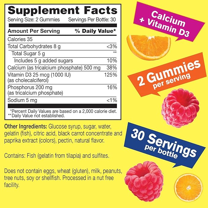 Calcium 500mg + Vitamin D3 1000 (25 mcg) 60 Gummies