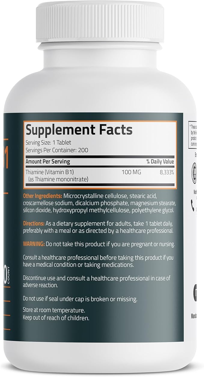 Bronson Vitamin B1 100 MG, Non-GMO, 200 Vegetarian Tablets