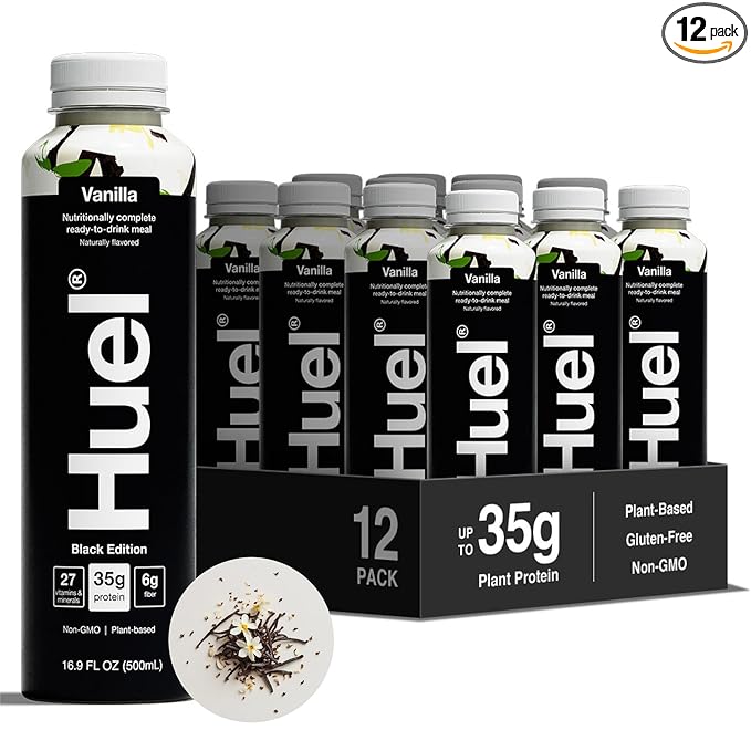 Huel Black Edition Ready-to-Drink, Vanilla Meal Replacement Drink, 35g High Protein, 27 Vitamins and Minerals, Vegan, Gluten Free, Plant Based, High Fiber, Low Sugar, 16.9 Fl Oz (12 Pack)