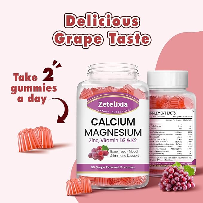 Calcium Gummies for Women Men, Calcium Magnesium Zinc with Vitamin D3 & K2, Calcium Magnesium Supplement for Bones Muscles and Joints, Grape Flavor - 60 Count