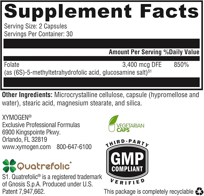 XYMOGEN 5 MTHF - 3,400 mcg DFE Bioactive Folate Supplement as Quatrefolic - Cardiovascular, Mood + Methylation Support - Vitamin B Methyl Folate as L Methylfolate (60 Capsules)