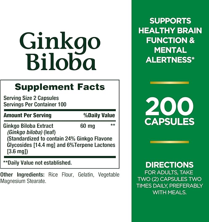 Nature's Bounty Ginkgo Biloba 60 Mg, 200 Capsules (17243)
