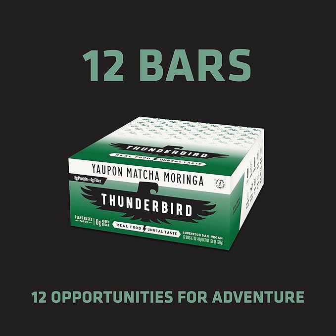 Thunderbird Bars Energy Snack, Gluten-Free with Protein, Healthy Real Food, Vegan Paleo Non-GMO, No Added Sugar, Yaupon Matcha Moringa Flavor (12 Count, 1.7 oz. Bars)