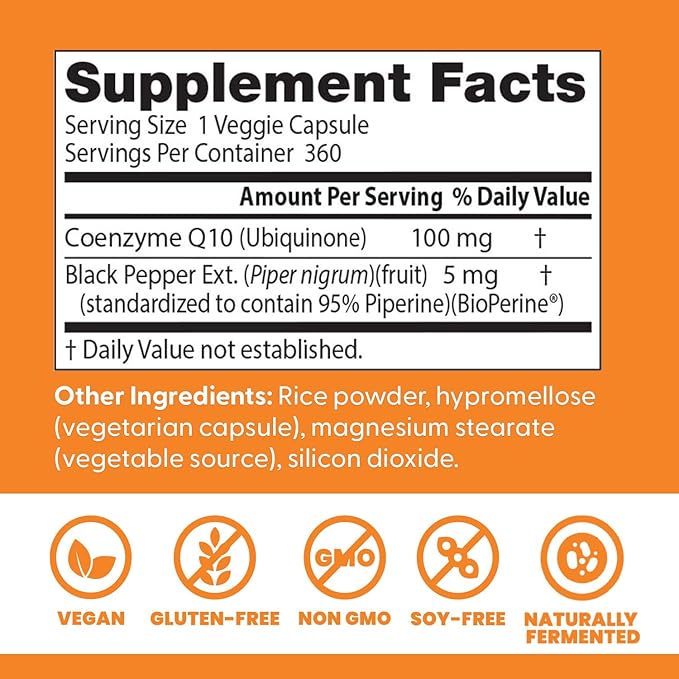 Doctor's Best High Absorption CoQ10 with BioPerine, Gluten Free, Naturally Fermented, Vegan, Heart Health & Energy Production, 100 mg 360 Veggie Caps(Pack of 1)