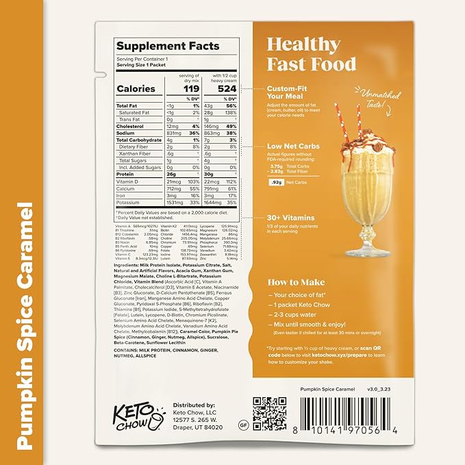 Keto Chow Pumpkin Spice Caramel | Keto Meal Replacement Shake | Nutritionally Complete | Low Carb | Delicious Easy Meal Substitute | You Choose The Fat | Single Meal Sample