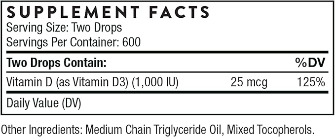 THORNE - Vitamin D Liquid - Vitamin D Supplement - Supports Healthy Bones and Muscles, Cardiovascular Health, and Immune Function* - 1 Fl Oz (30 ml)- 600 Servings