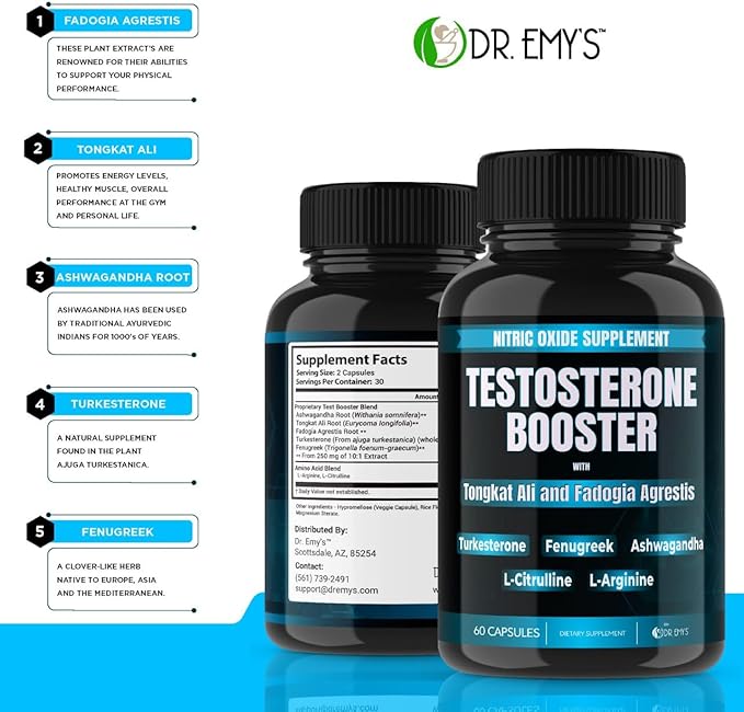 Dr. Emy's (2 Pack Testosterone Booster-Tongkat Ali Fadogia Agrestis Nitric Oxide Ashwagandha Supplement for Men with L Arginine Citrulline Fenugreek - Turkesterone Pre Workout Pump (120 Capsules)