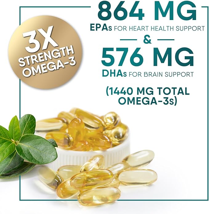 Triple Strength Omega 3 Fish Oil 2400 mg Omega-3 Supplements, 60 Softgels