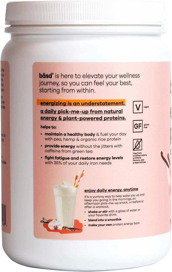 basd Energizing Protein, Vanilla Shake 20g Protein, 100mg Caffeine, 20 Servings, 512g Tub