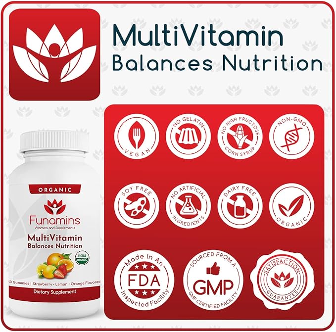 Organic Gummy MultiVitamins, Blend of 11 Essential Nutrients, for Kids and Adults, Vegan, 60 Count; Assorted Strawberry, Lemon, Orange Flavors